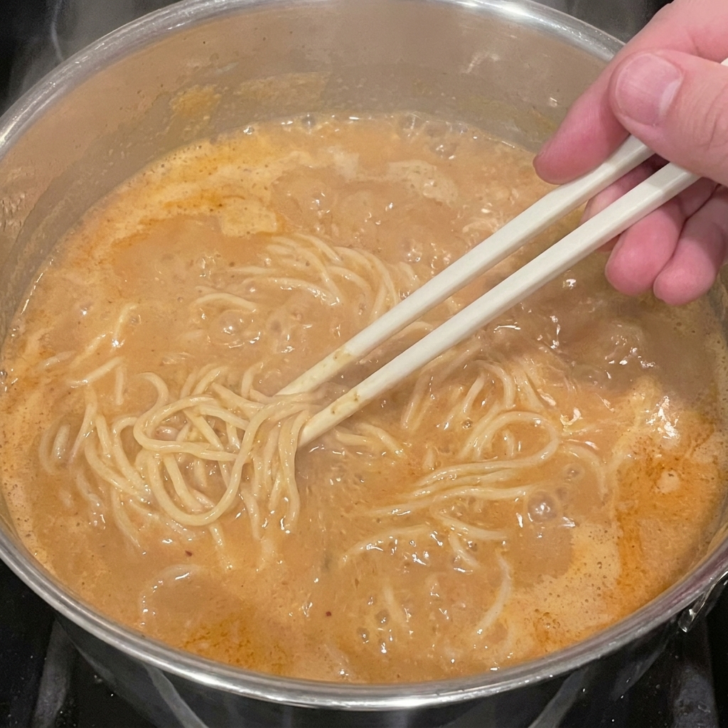 Eine Hand rührt mit weißen Stäbchen Ramen-Nudeln in einer sprudelnden, cremigen orangefarbenen Brühe in einem Edelstahltopf.