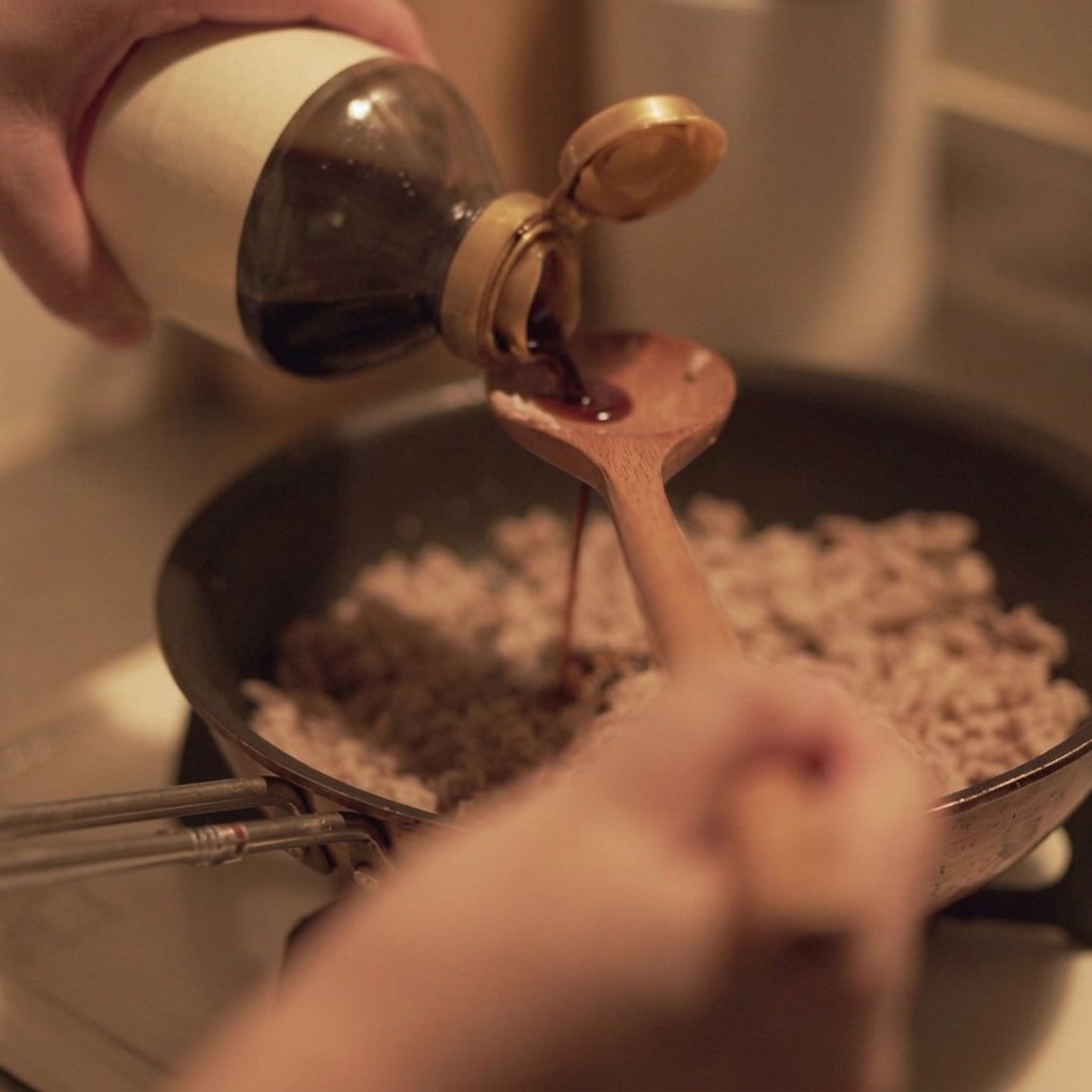 Sojasauce wird aus einer Flasche über das gebräunte Hackfleisch gegossen.