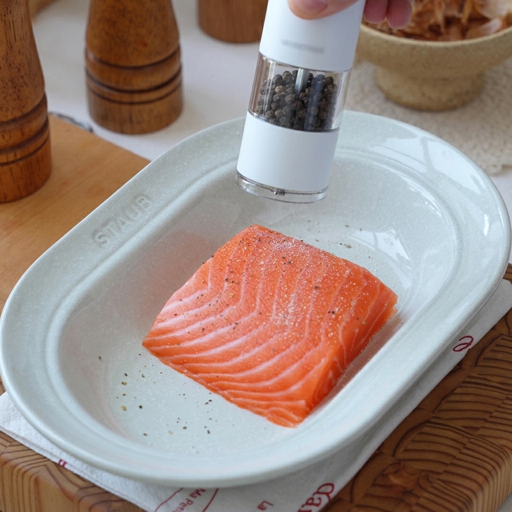 Ein rohes Lachsfilet in einer weißen Keramikschale wird mit Meersalz und frisch gemahlenem schwarzen Pfeffer gewürzt.