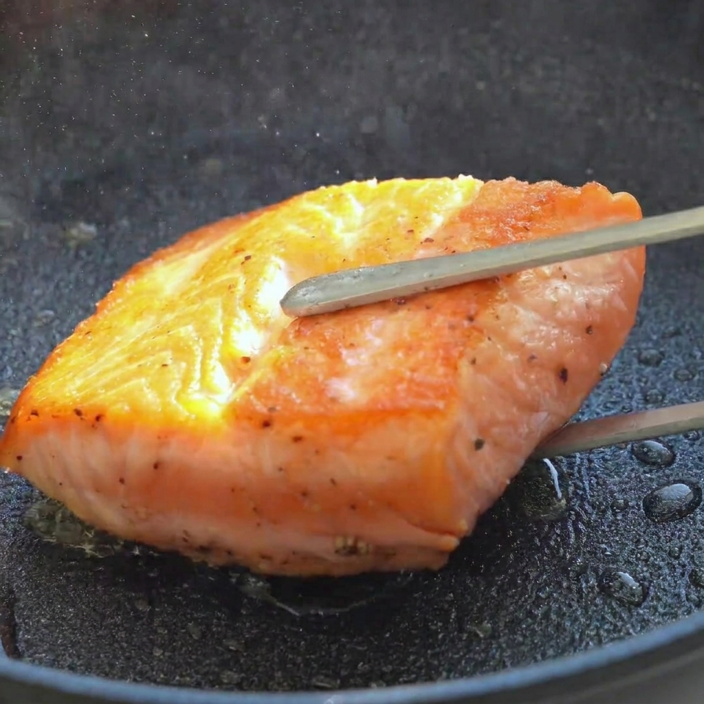 Der Lachs wird gewendet und zeigt eine goldbraune Kruste.