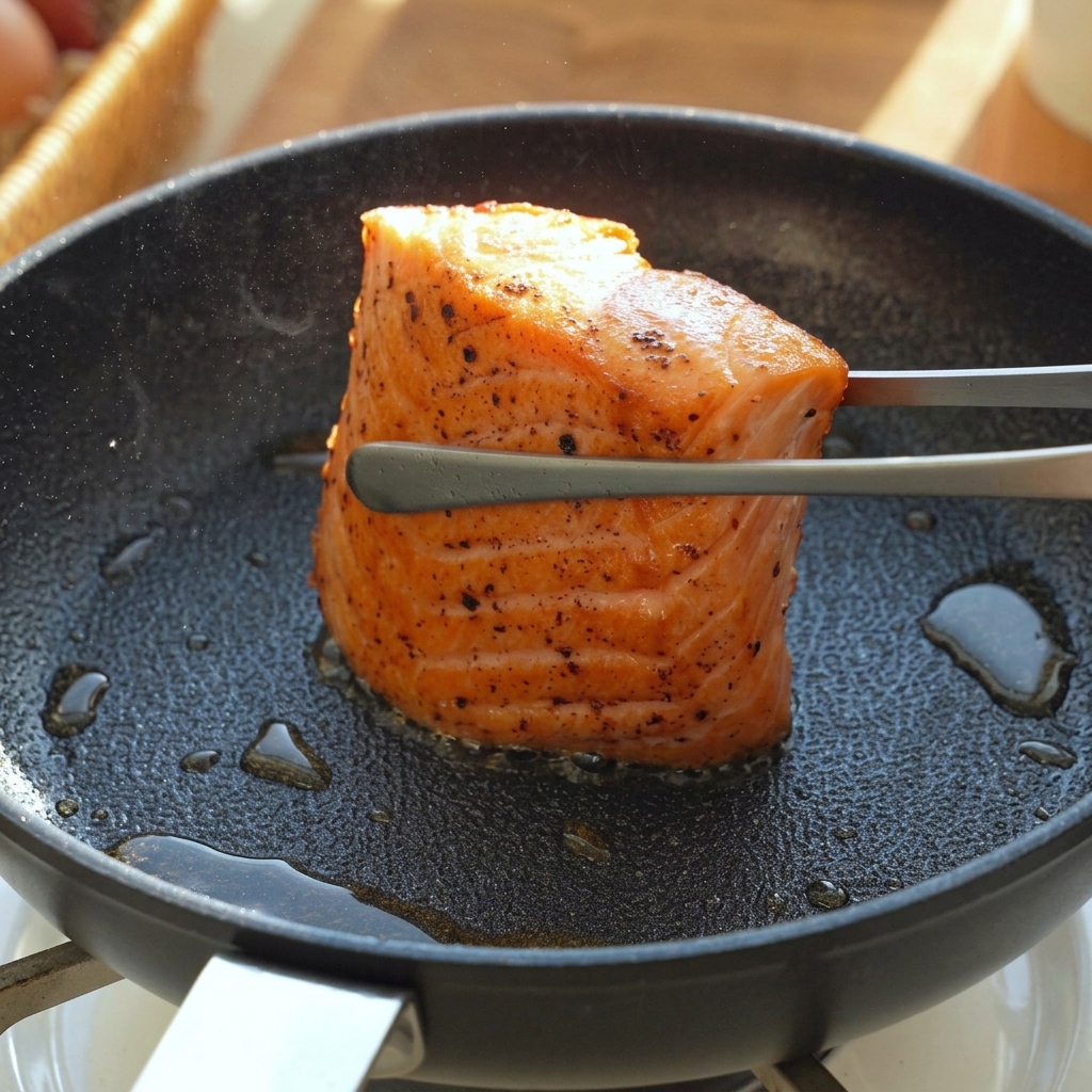 Die Kanten des Lachsfilets werden mit einer Zange in der Pfanne angebraten.