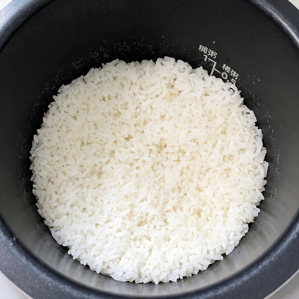 Eine Reiswelle hebt eine Portion frisch gekochten Reis aus dem Topf.
