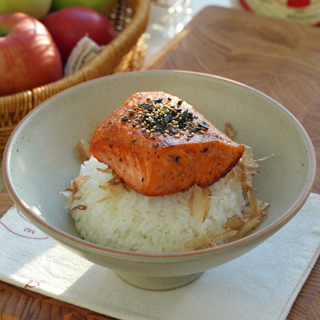 Lachs mit Nori, Frühlingszwiebeln und Sesam garniert.