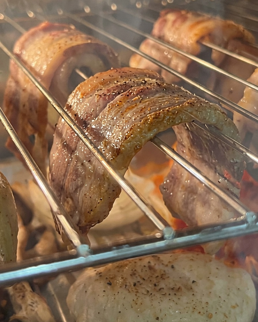 Knusprig gebratener Schweinebauch, der mit einer Küchenschere auf einem Teller in kleinere Stücke geschnitten wird.