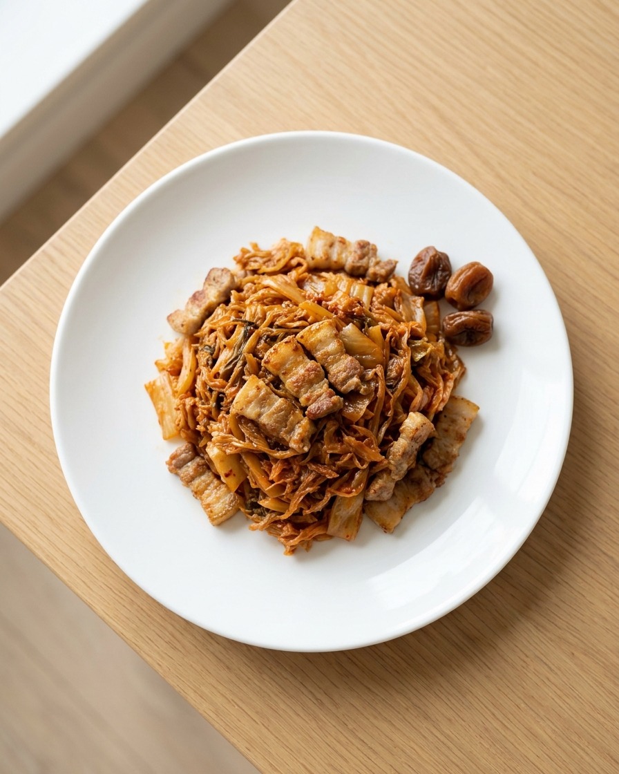 Pflaumenextrakt, der über die Mischung aus geröstetem Kimchi und Schweinebauch auf einem weißen Teller geträufelt wird.