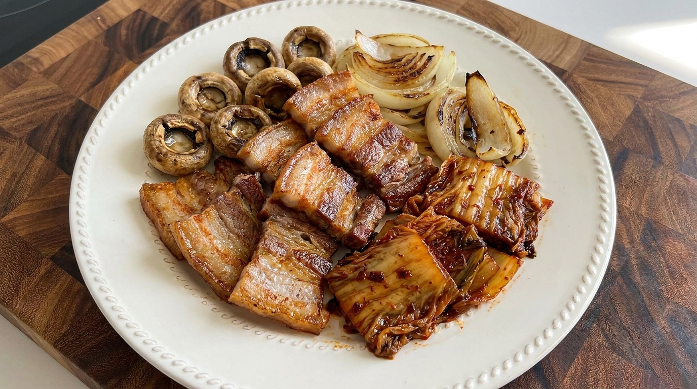 Knuspriger Schweinebauch aus dem Ofen mit reifem Kimchi