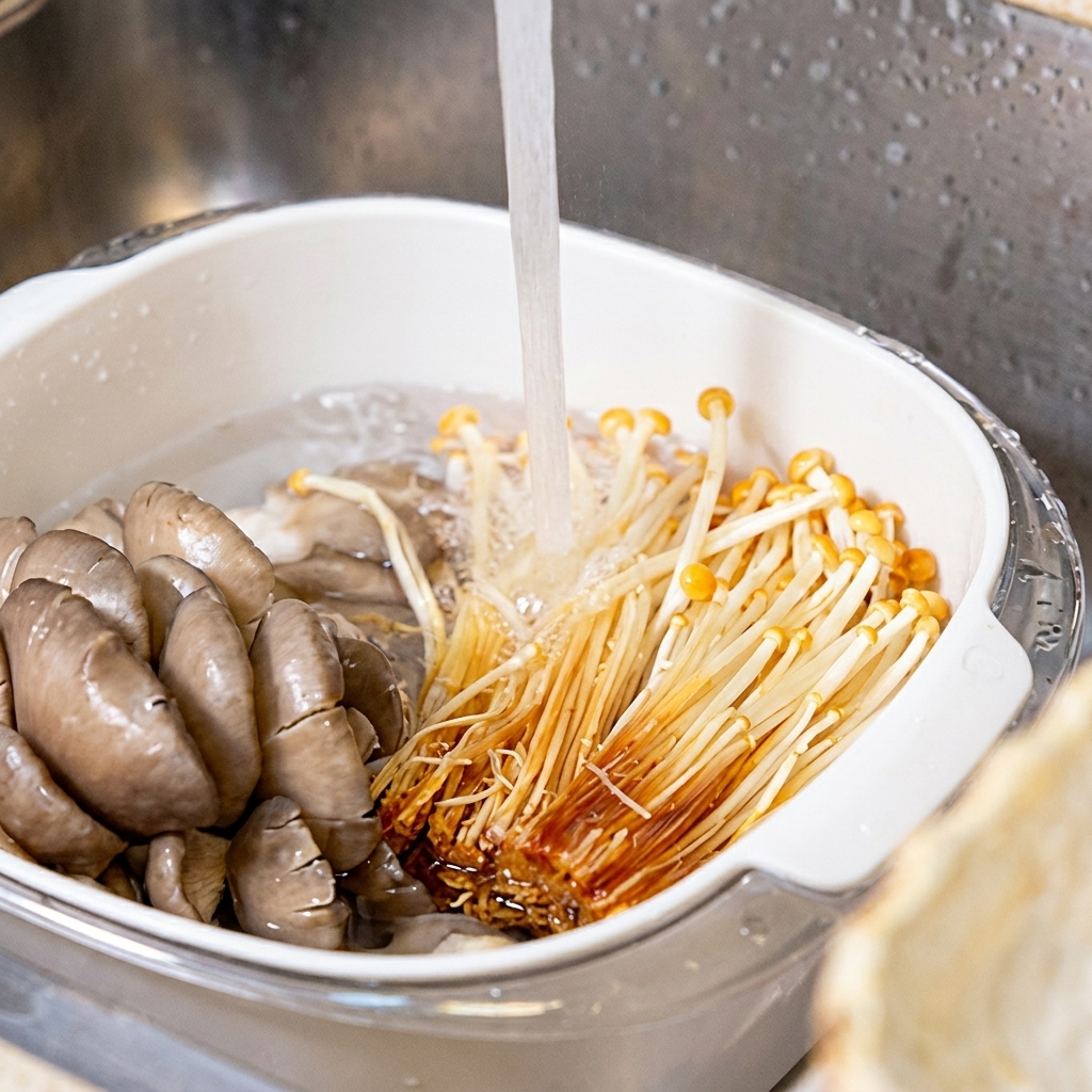 Frische Enoki- und Austernpilze werden in der Küchenspüle unter einem sanften Wasserstrahl gewaschen.