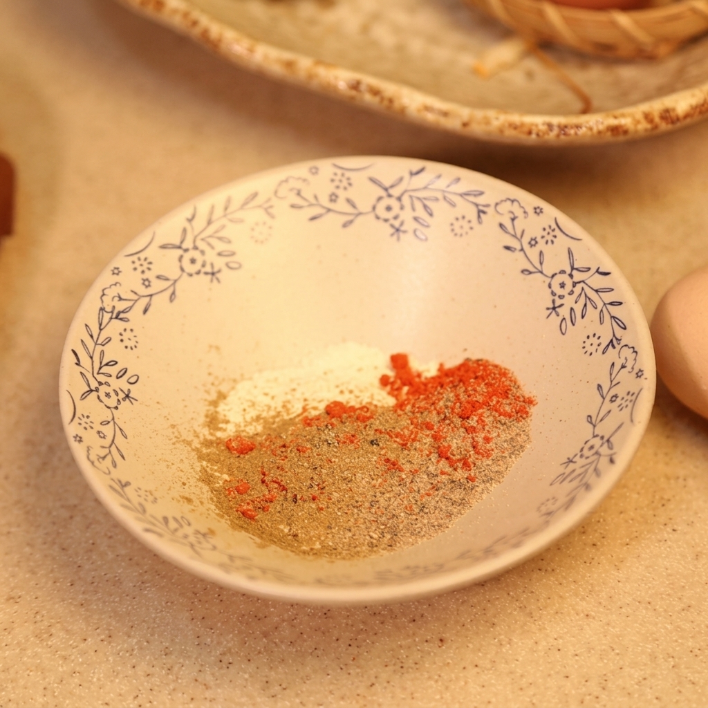 Eine kleine Schüssel mit einer Mischung aus Mehl, rotem Chilipulver und Gewürzen, bereit zum Verrühren.