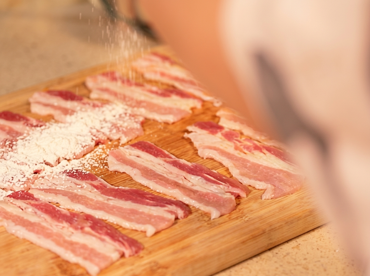 Rohe Schweinebauchscheiben liegen auf einem Holzschneidebrett und werden leicht mit Stärke bestäubt.
