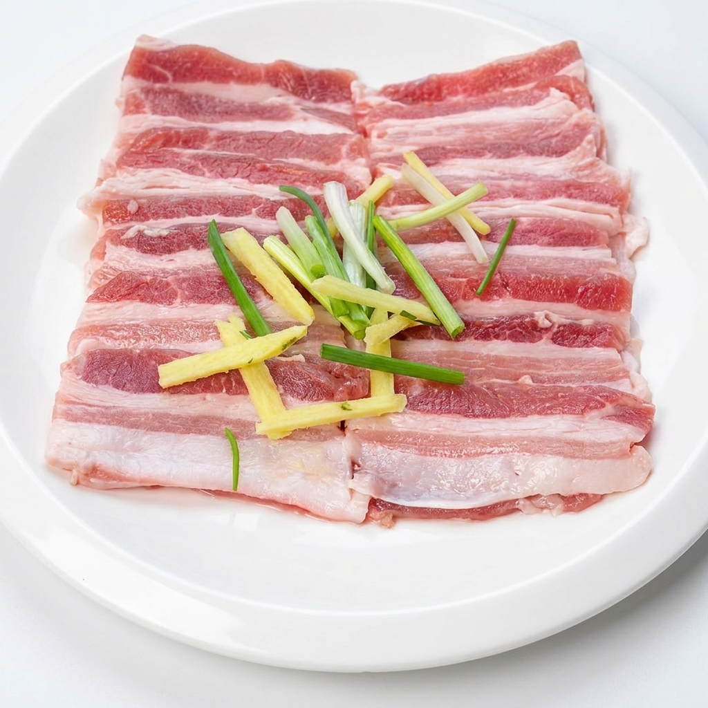 Schweinebauchscheiben gewürzt mit Ingwer, Sojasauce, Austernsauce und Grillgewürz auf einem Teller.