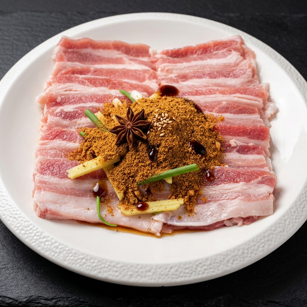 Nahaufnahme von Händen, die den Schweinebauch mit der Marinade in einer Metallschale vermengen.