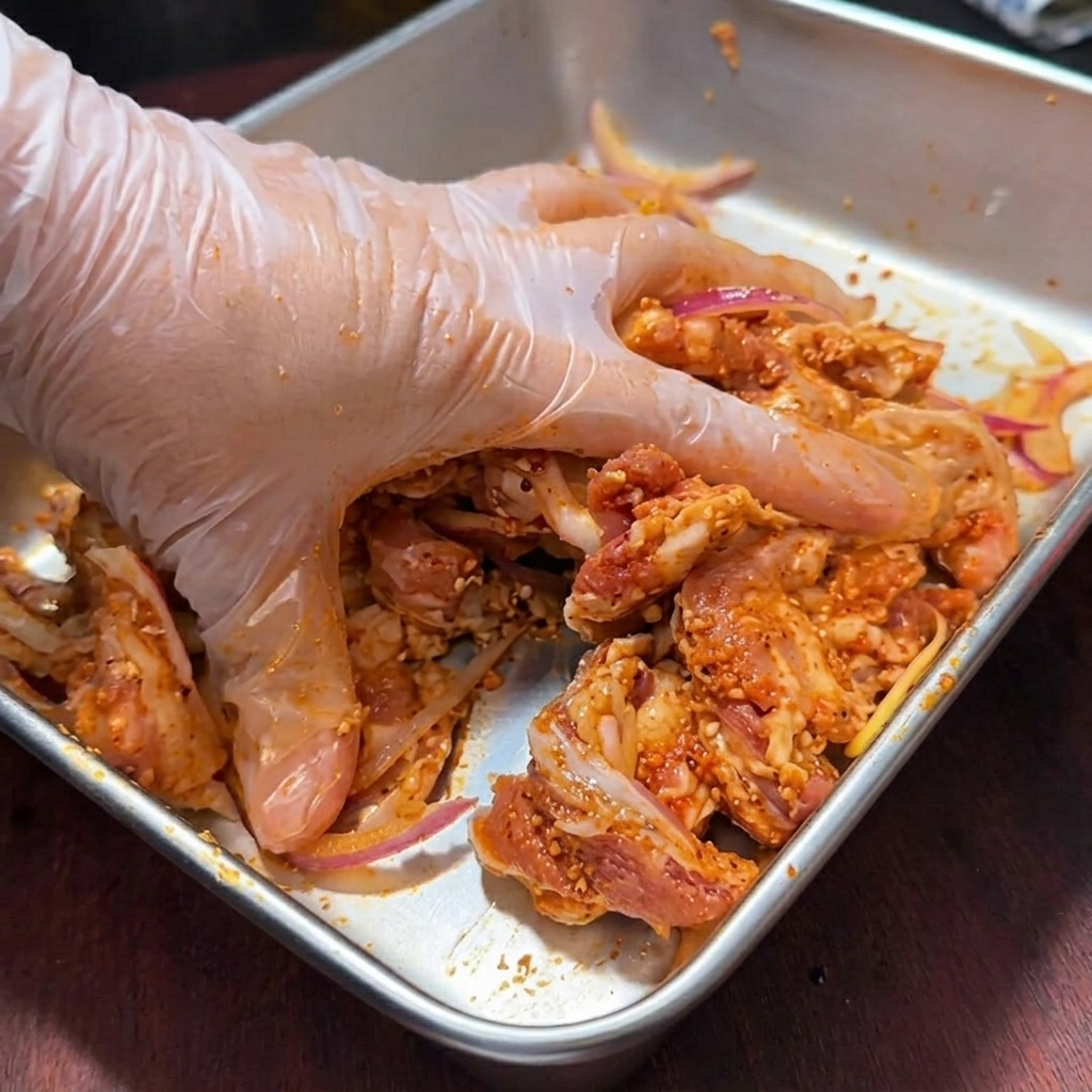 Rohe, gewürzte Schweinebauchscheiben auf einem mit Alufolie ausgelegten Backblech.