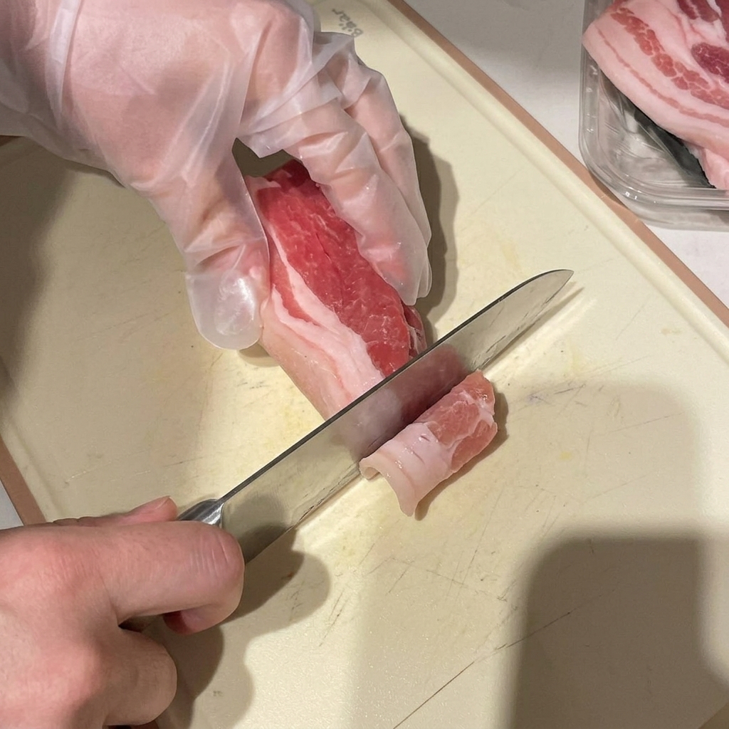 Handschuhe tragende Hände schneiden mit einem Kochmesser einen Block halbgefrorenen Schweinebauch auf einem Schneidebrett in dünne Scheiben.