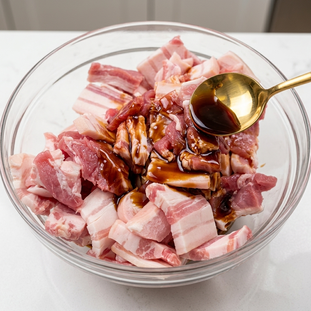 Geschnittener Schweinebauch in einer Glasschüssel wird mit dunklen Saucen und Gewürzen vermengt.