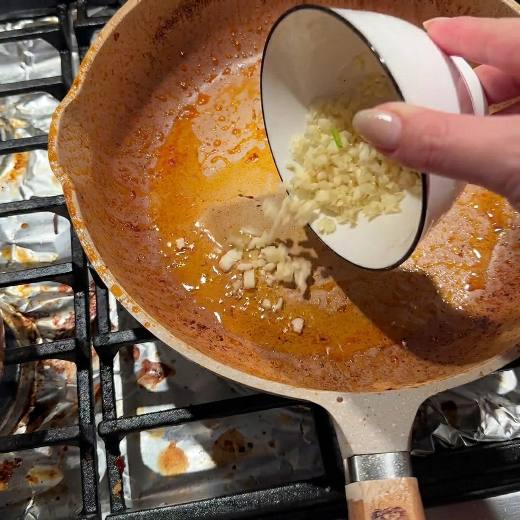 Frisch gehackter Knoblauch wird in eine Pfanne mit restlichem Bratfett gegeben.