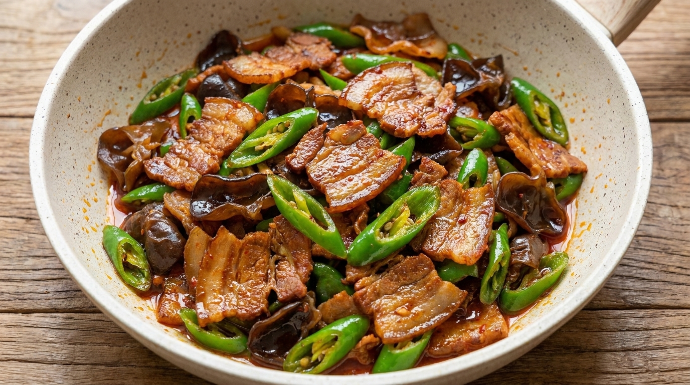 Klassischer Pfannengerührter Schweinebauch mit Chili