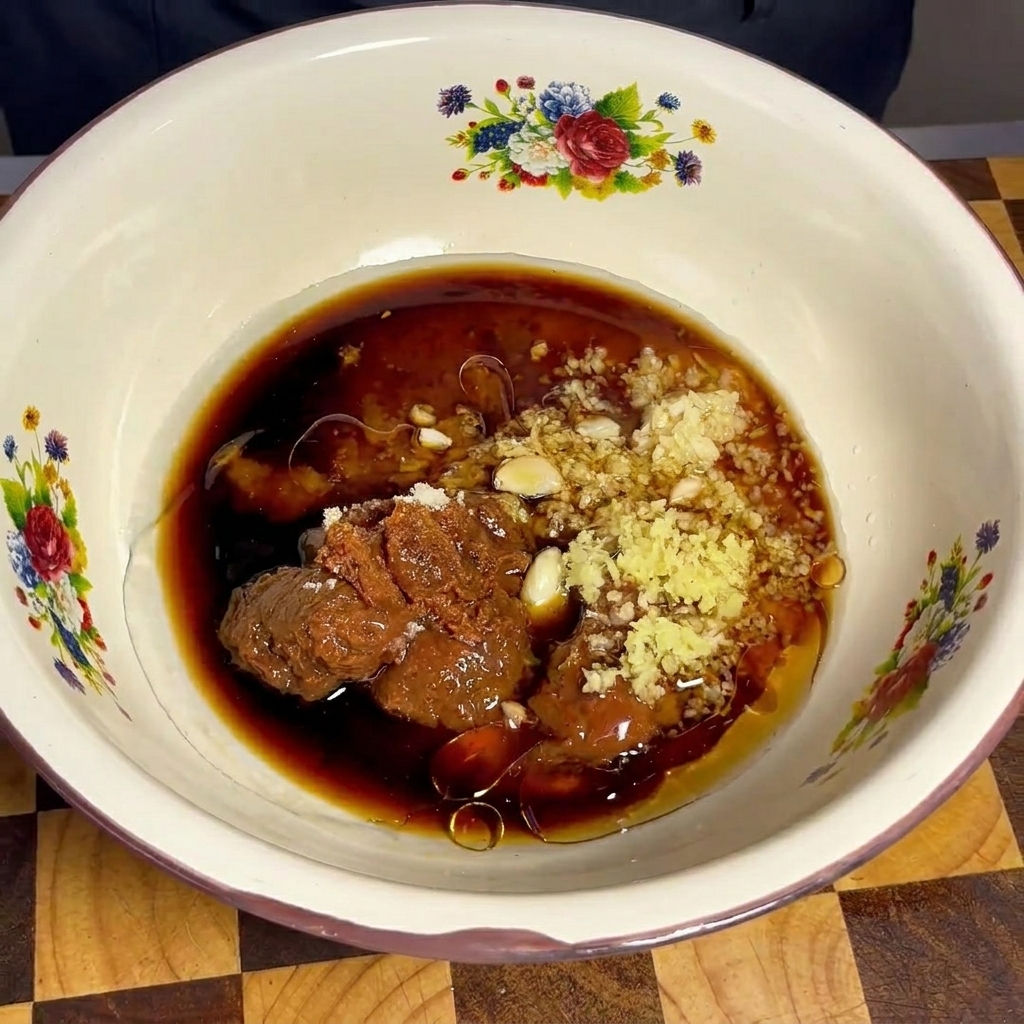 Die fertige Marinadenmischung in der Schüssel, eine glatte braune Sauce mit sichtbaren Gewürzstücken.