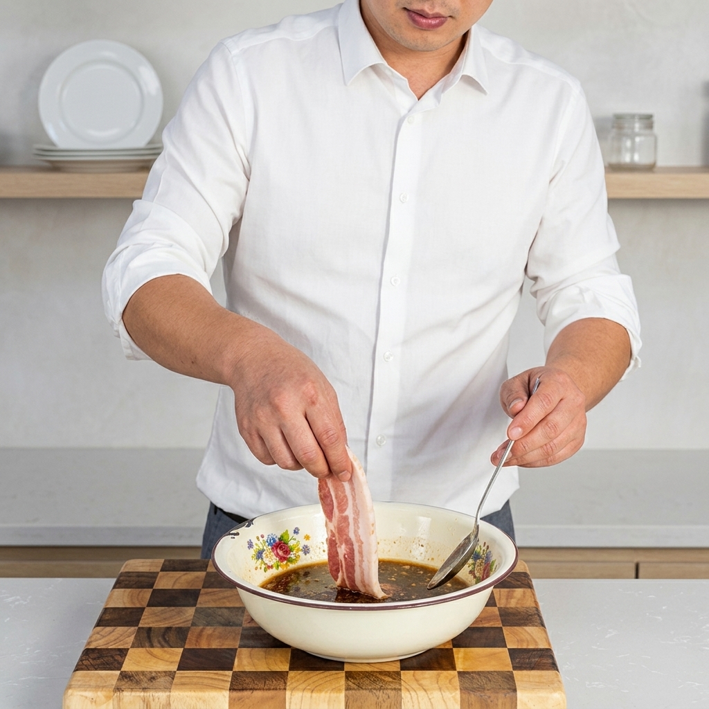 Frische Schweinebauchstreifen werden von Hand in die Schüssel mit der Marinade gegeben.