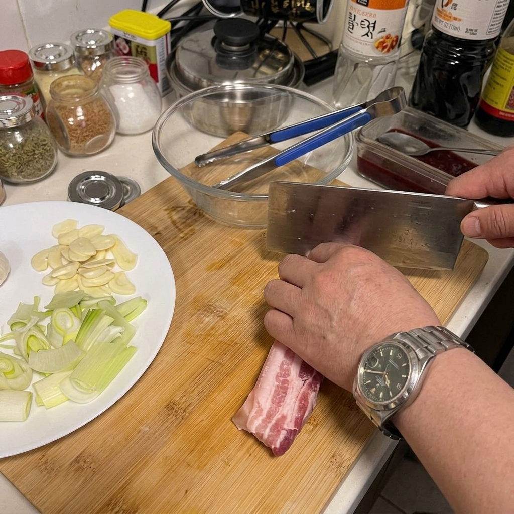 Hände schneiden mit einem großen Messer dicke Scheiben Schweinebauch auf einem Holzbrett.
