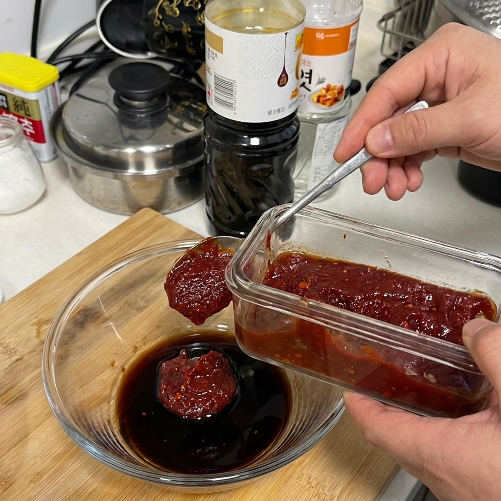 Ein Löffel mit dicker roter Chilipaste wird über eine Schüssel mit Sojasauce gehalten.