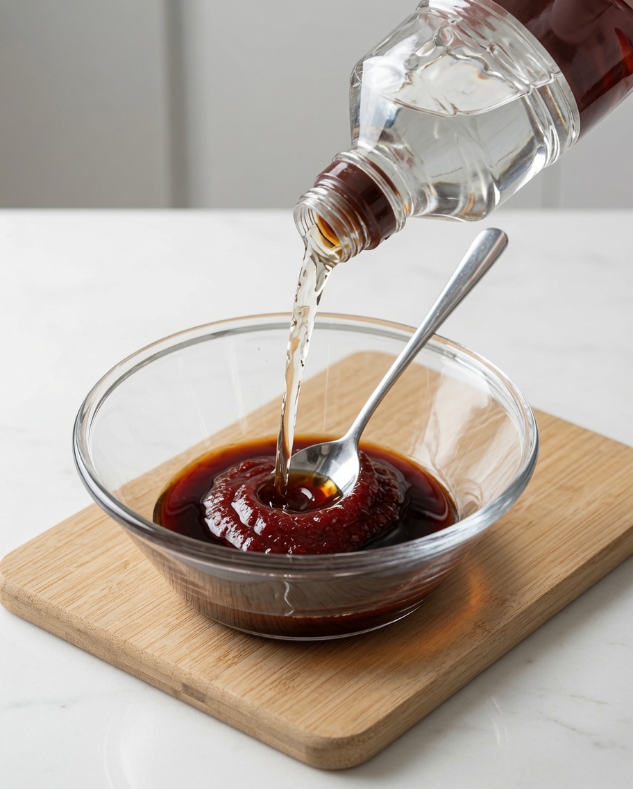 Klarer Maissirup wird in eine Schüssel mit roter Chilipastenmischung gegossen.