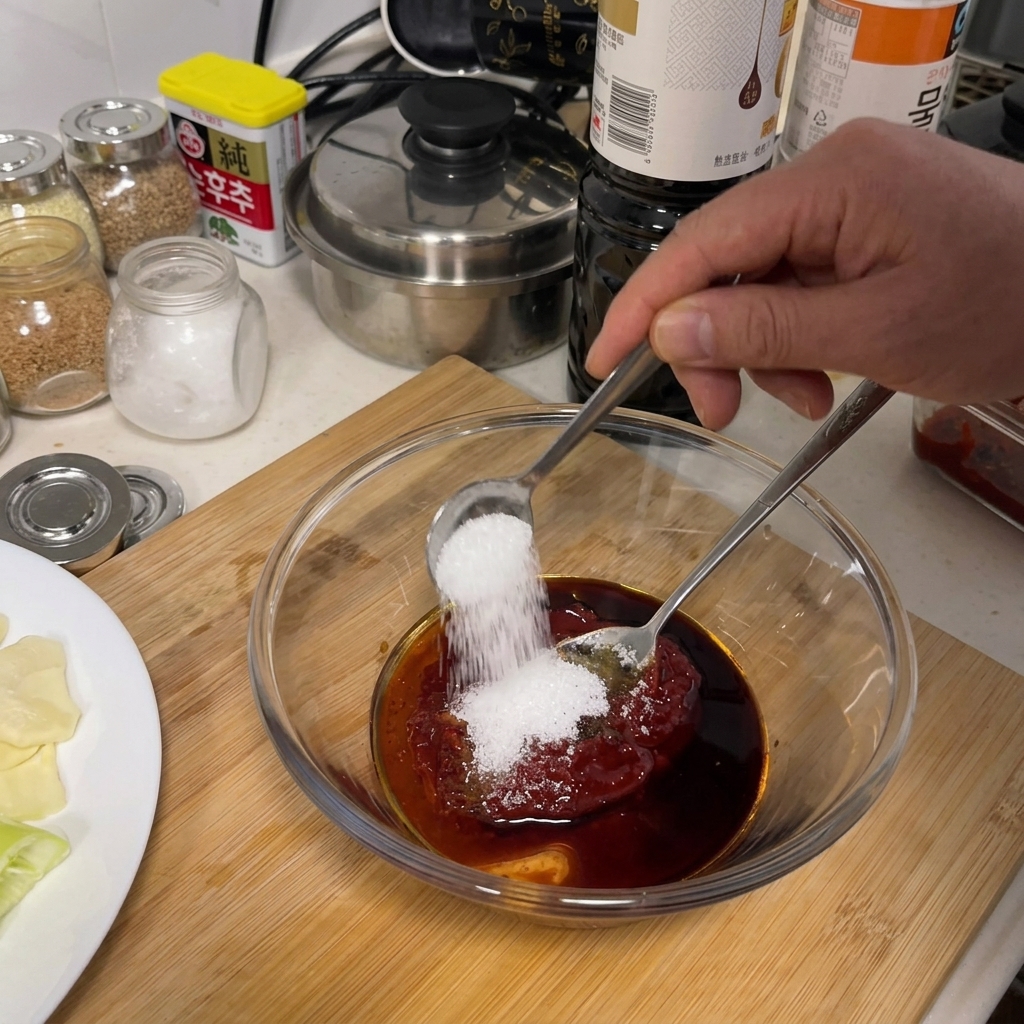 Ein Löffel streut weißen Zucker in eine Glasschüssel mit dunkler roter Sauce.