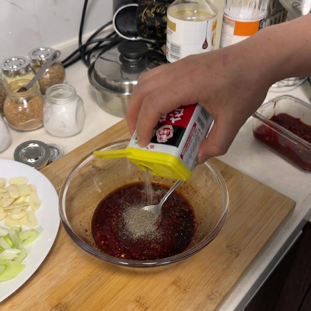 Nahaufnahme von schwarzem Pfeffer, der aus einem gelben Gewürzbehälter in eine Glasschüssel mit roter Sauce geschüttelt wird.