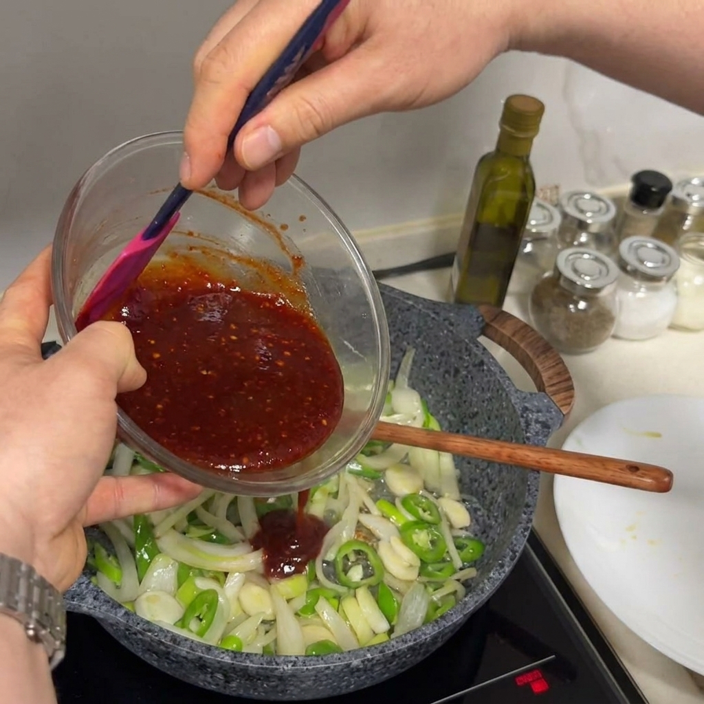 Dicke rote Sauce wird aus einer Glasschüssel in eine heiße Pfanne mit angedünstetem Gemüse gegossen.