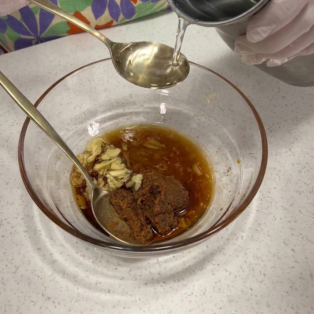 Verschiedene Gewürze werden in einer Glasschüssel mit einem Metalllöffel verrührt.