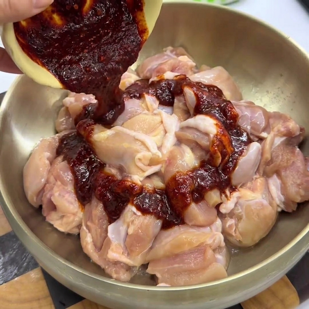 Rote Sauce wird in einer großen Schüssel über Hähnchenstücke gegossen.