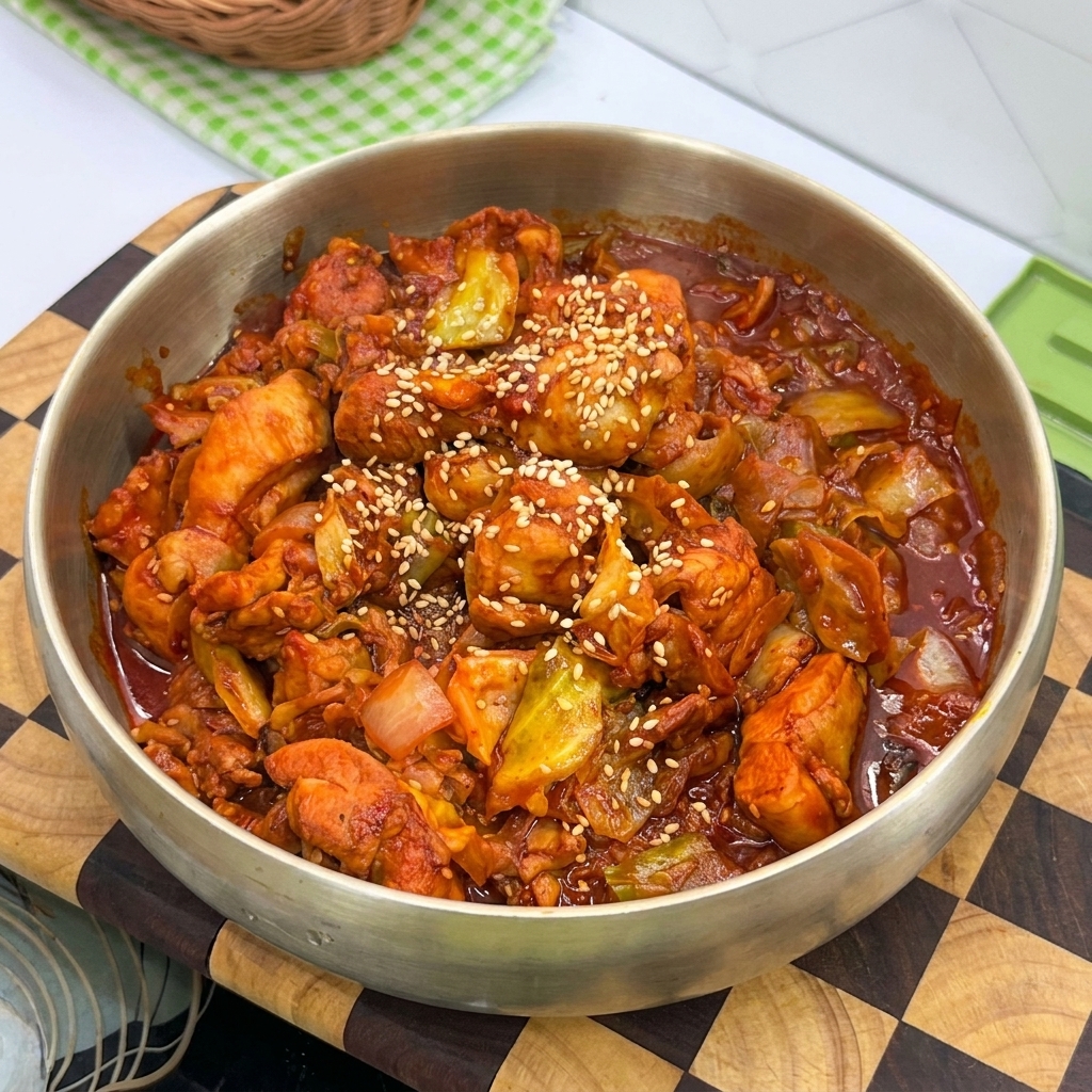 Scharfes Hähnchen mit Kohl und Zwiebeln in einer Messingpfanne.