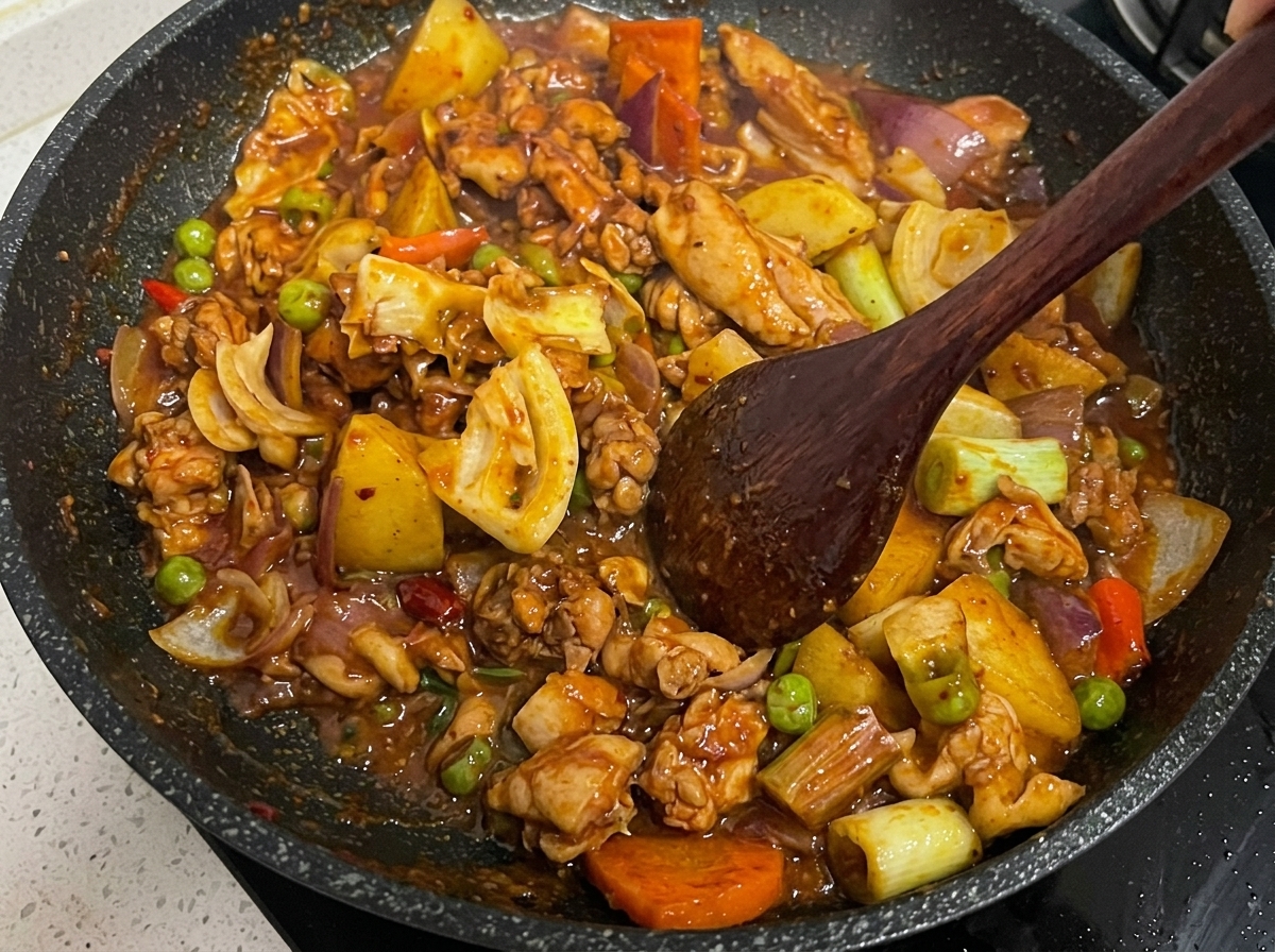 Das Hähnchen gart zusammen mit dem Gemüse in einer dicken, roten Sauce.