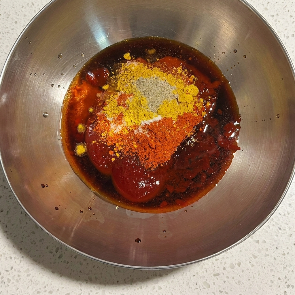 Hähnchenstücke werden in einer Schüssel mit dunkler Marinade vermengt.