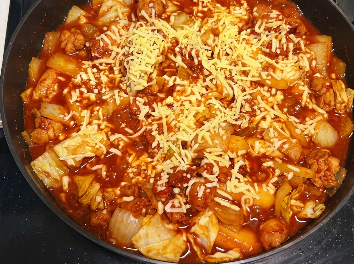 Die fertige Pfanne mit einer dicken, schmelzenden Schicht Mozzarella.