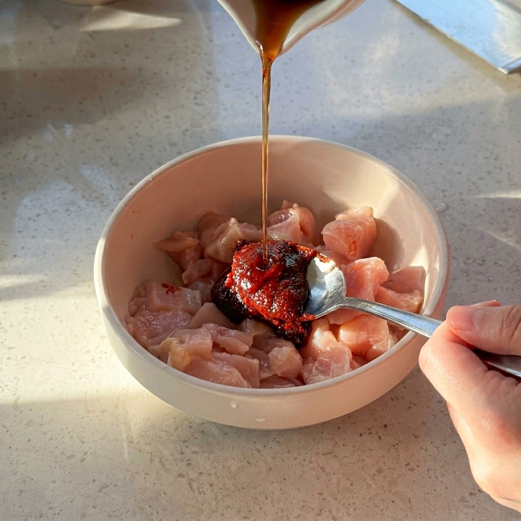 Koreanische Chilipaste wird mit einem Löffel in eine Schüssel mit rohen Hähnchenstücken und dunkler Sauce gegeben.