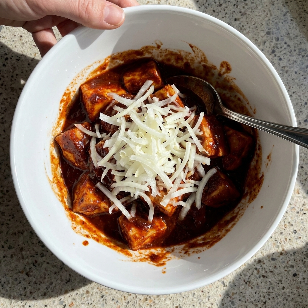 Eine Hand verwendet einen Metalllöffel, um rohes Hähnchen, Zwiebeln und dunkle Marinade in einer weißen Schüssel zu vermengen.