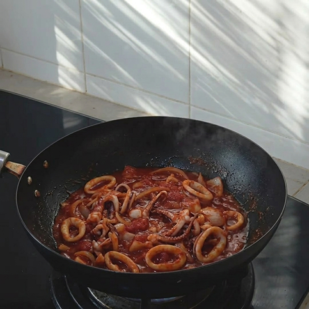 Mariniertes Hähnchen und Gemüse brutzeln in einem heißen, dunkel gefärbten Wok.