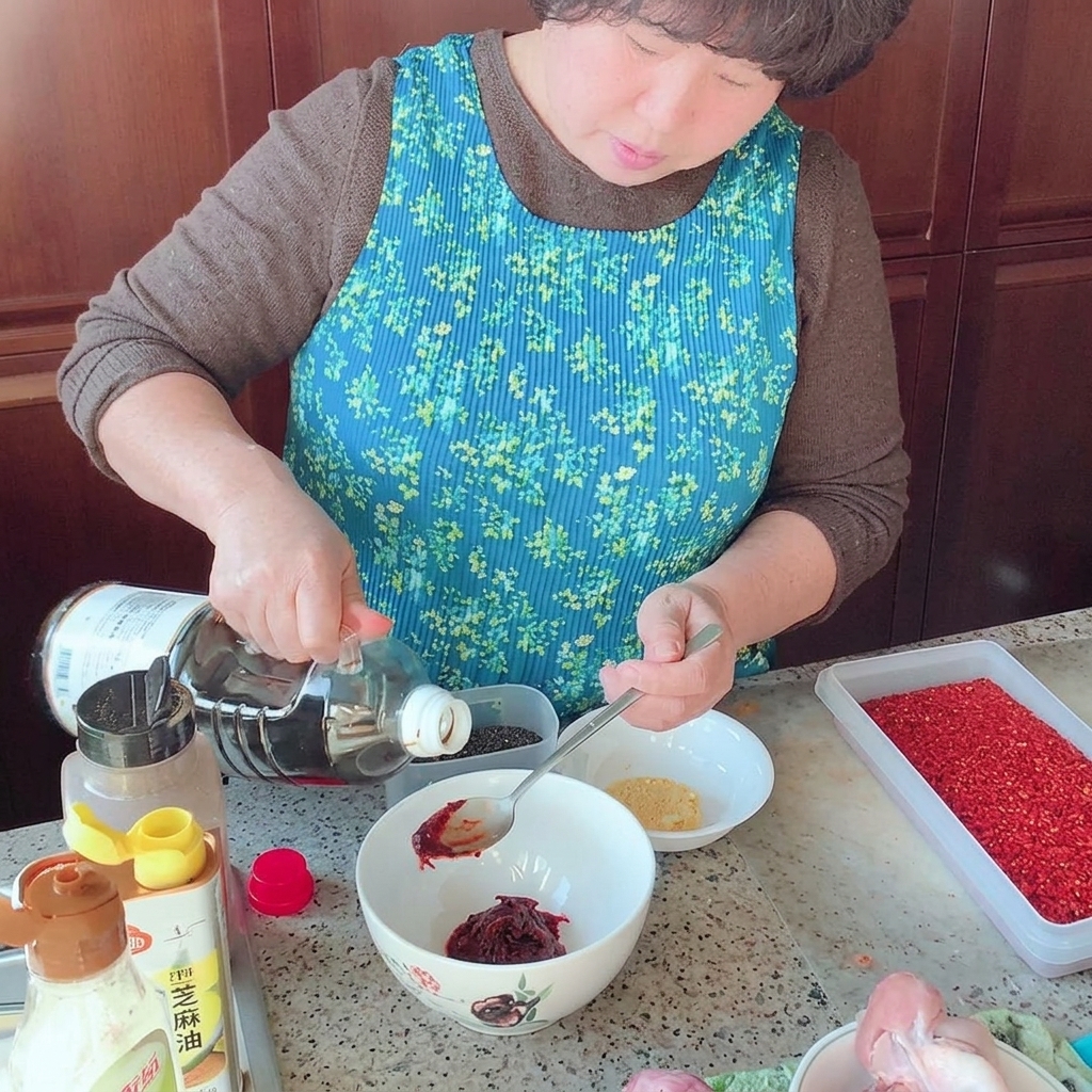 Eine weiße Schüssel, in der rote Gochujang-Paste mit anderen Saucenzutaten mit einem silbernen Löffel vermischt wird.