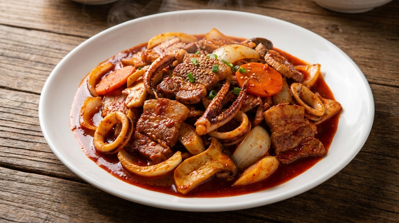 In einer scharfen, würzigen Glasur gebratener Schweinebauch und Tintenfisch mit Gemüse.
