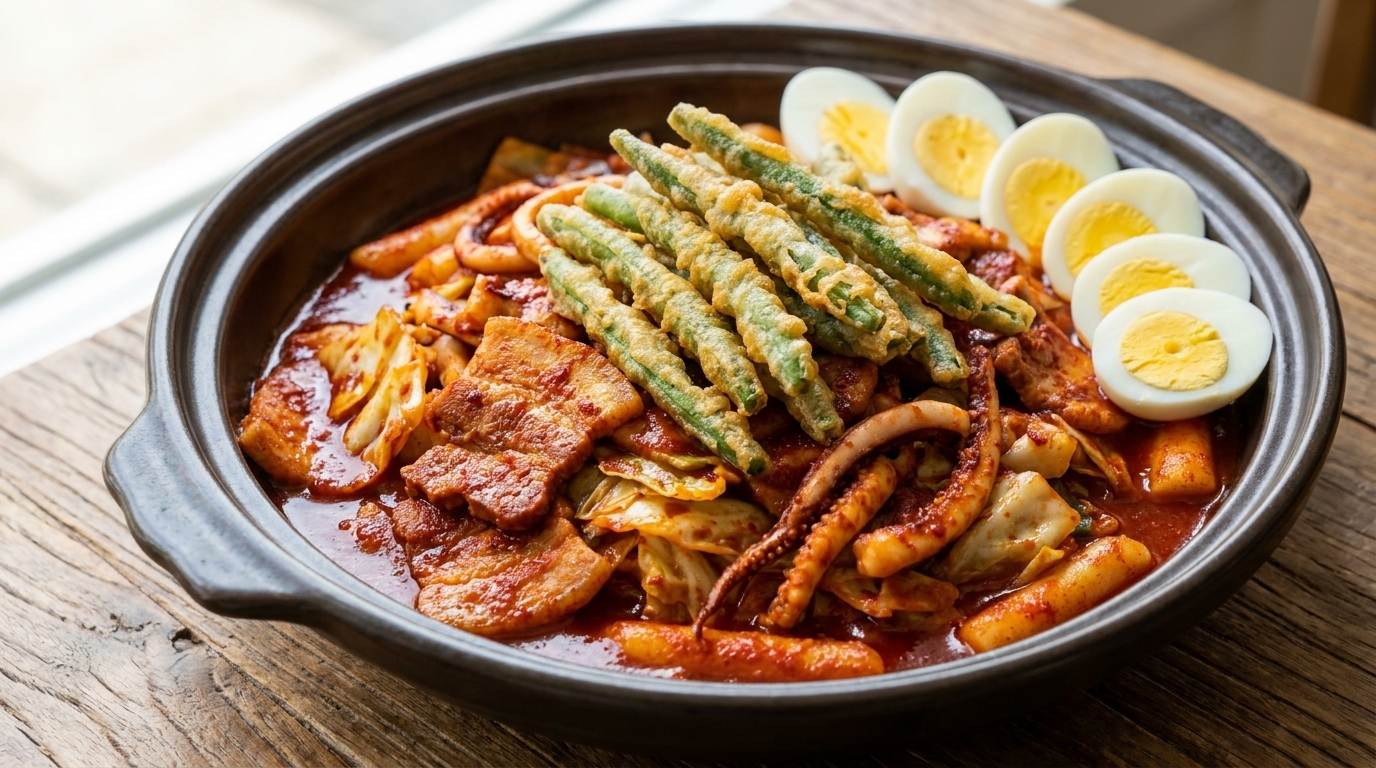 Scharfer Schweinebauch mit Tintenfisch (Ojingeo Samgyeopsal Bokkeum)