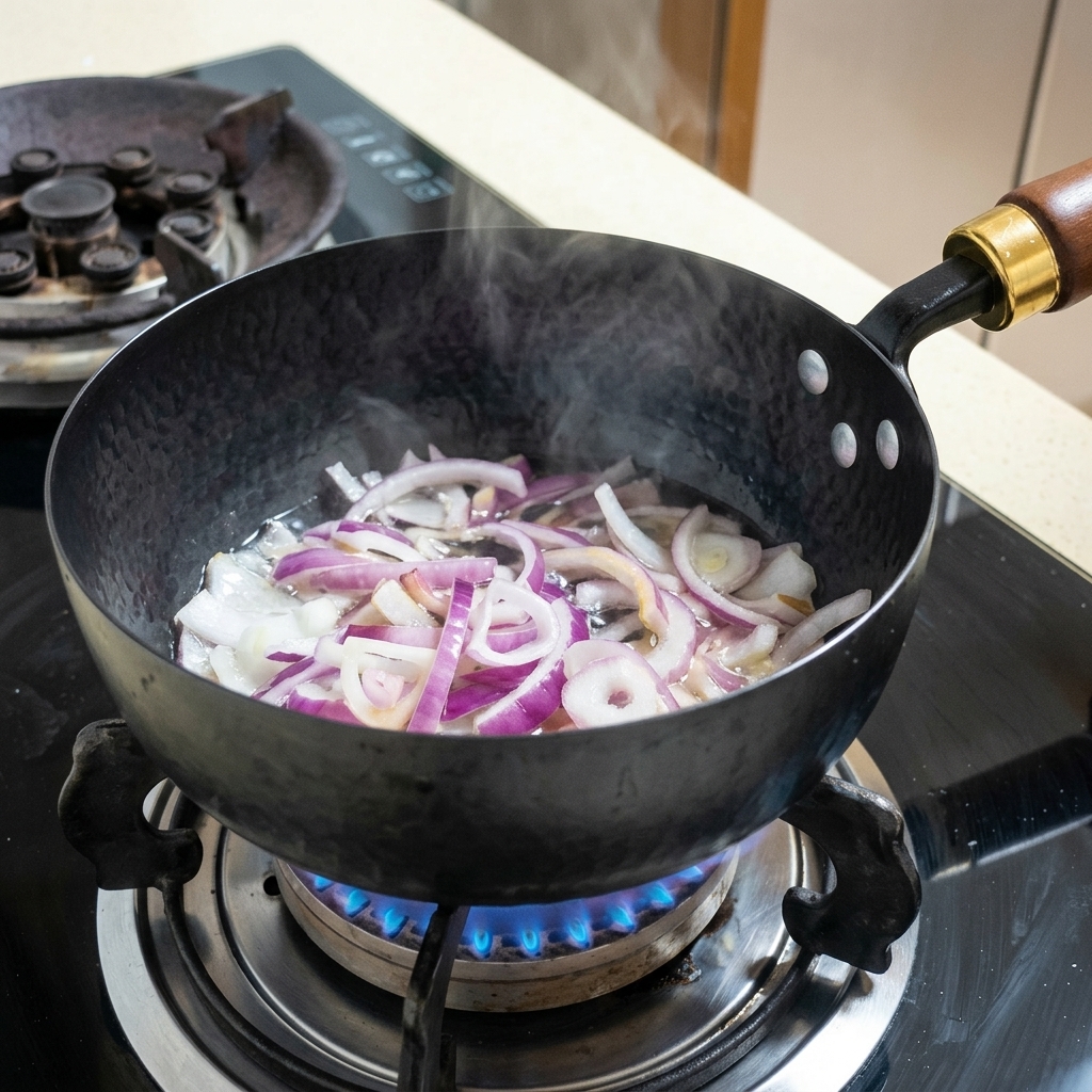 Wasser wird zu den Zwiebeln in die Pfanne gegeben und beginnt zu kochen.