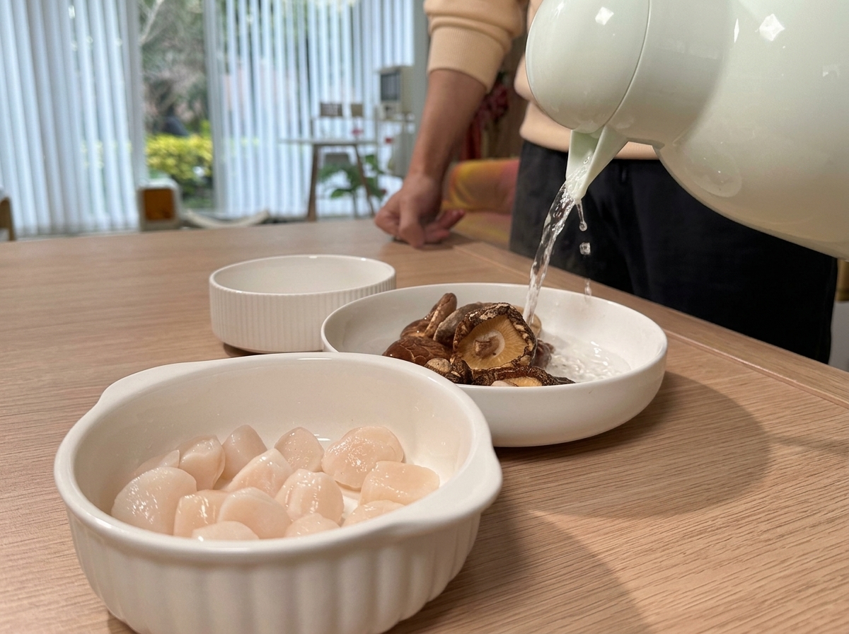 Zwei kleine weiße Schalen auf einem Holztisch, eine gefüllt mit getrockneten Shiitake-Pilzen in Wasser und die andere mit getrockneten Jakobsmuscheln in Wasser, während eine Person mehr Wasser in eine der Schalen gießt.
