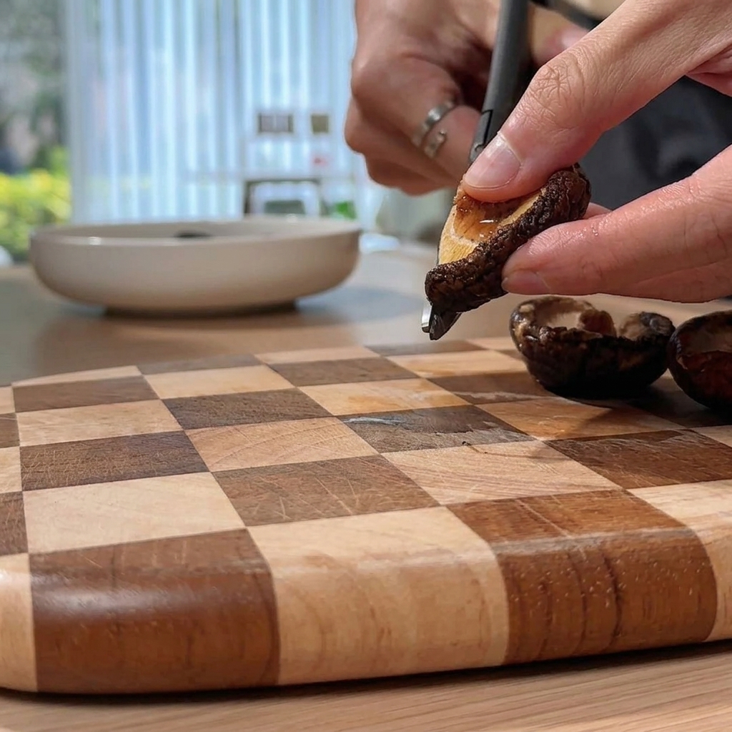 Ein Paar Küchenscheren schneidet einen rehydrierten Shiitake-Pilz auf einem Holzschneidebrett.