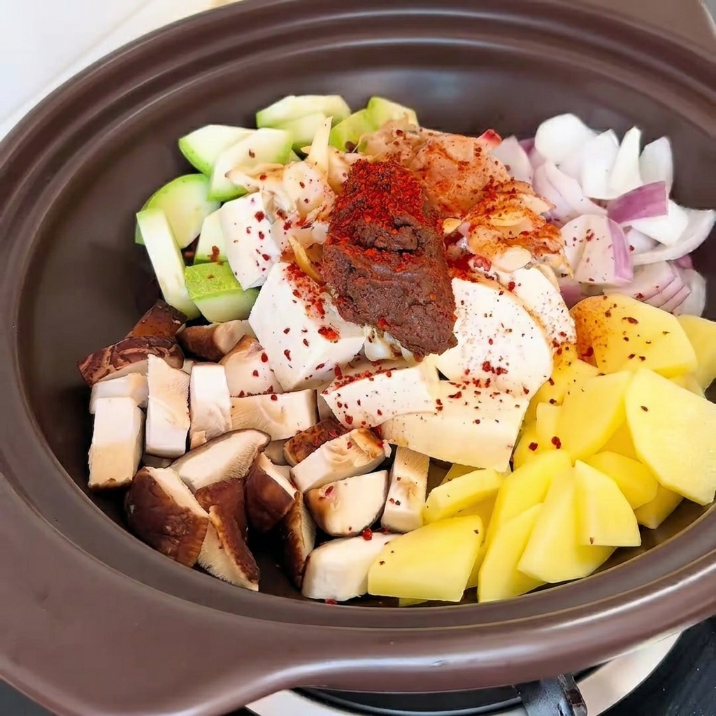 Chilipulver und Rindfleisch-Würzpulver werden über die Sojabohnenpaste und das Gemüse gestreut.