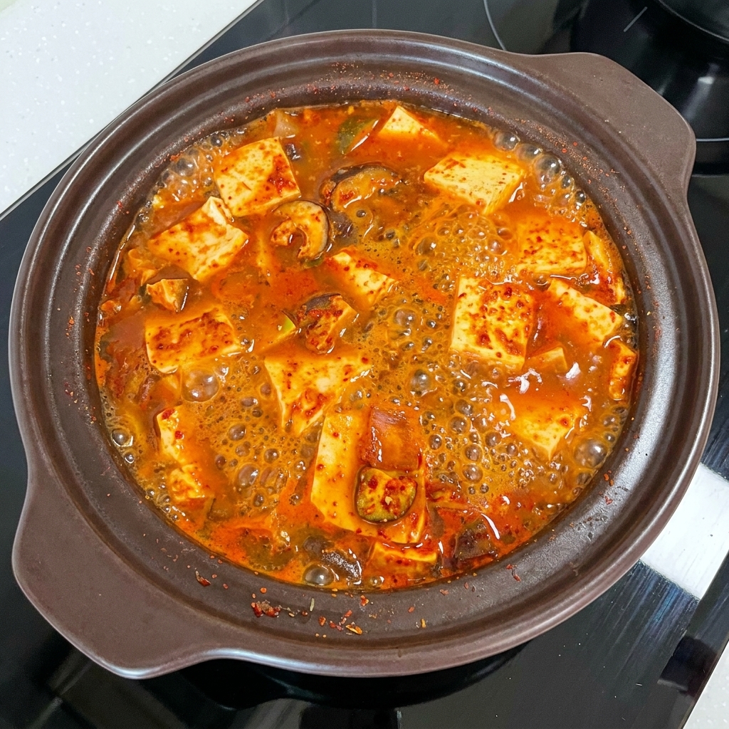Baby-Bok-Choy sowie rote und grüne Chilischeiben werden zum köchelnden Eintopf hinzugefügt.