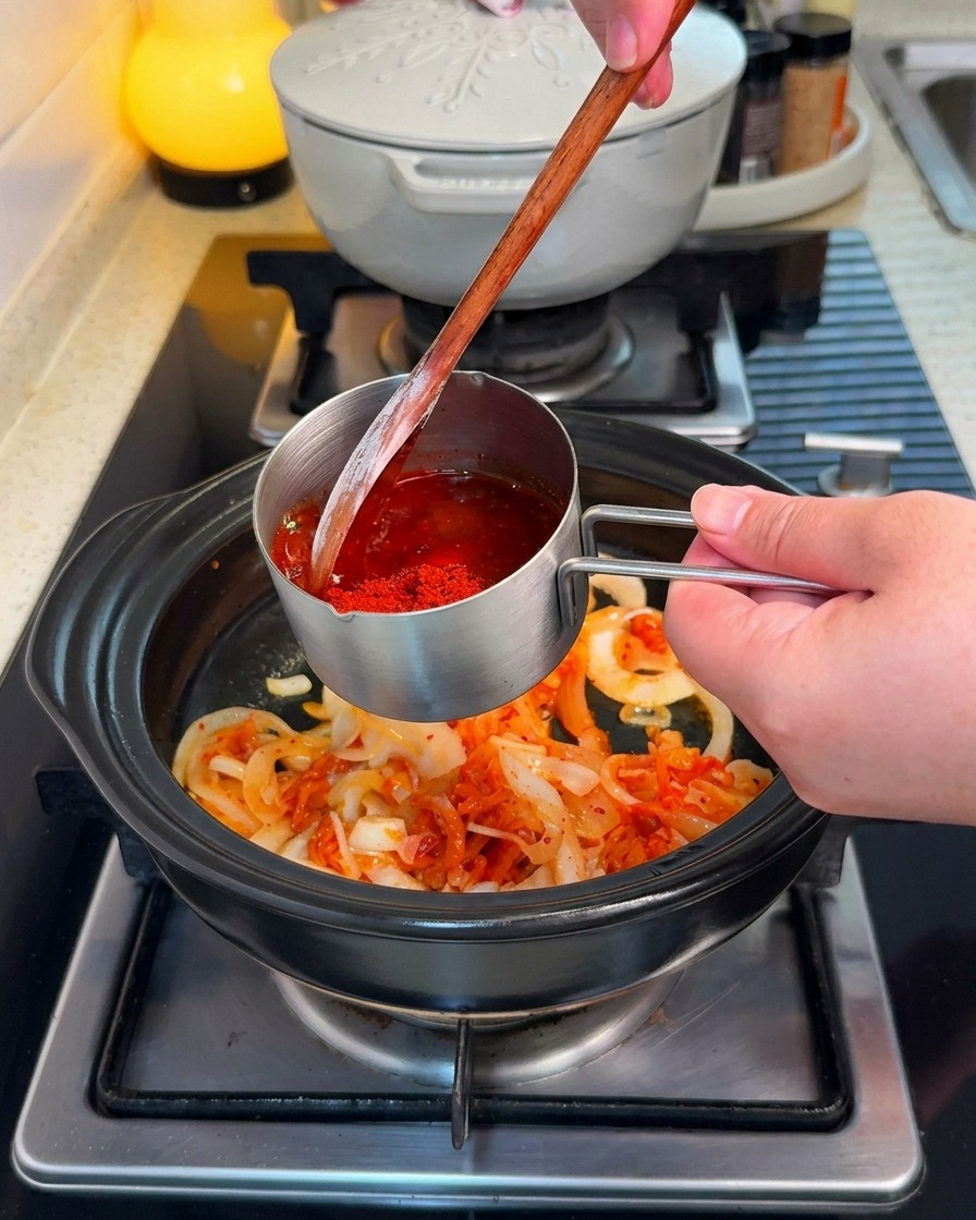 Eine Mischung aus koreanischer Chilipaste, Tomatenmark, Sojasauce und Chilipulver wird in den Topf gegeben.