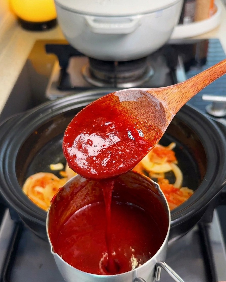 Kimchi und Würzpaste werden gemeinsam im Topf angebraten.