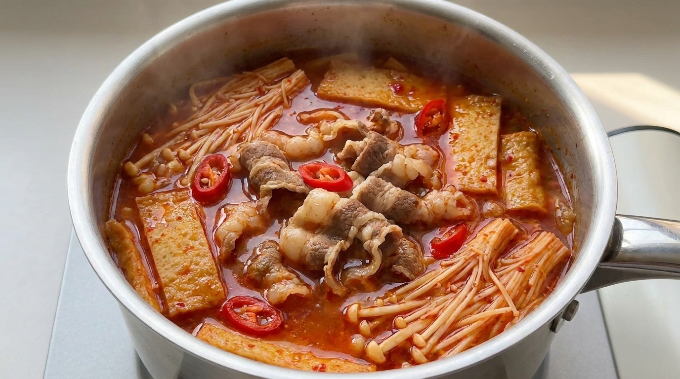 Koreanische Kimchi-Suppe mit Rindfleisch und Enoki-Pilzen