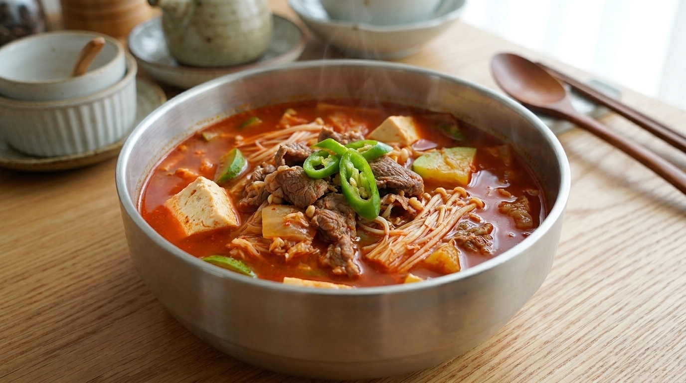 Koreanischer Kimchi-Rindfleisch-Eintopf mit Tofu (Kimchi Jjigae)