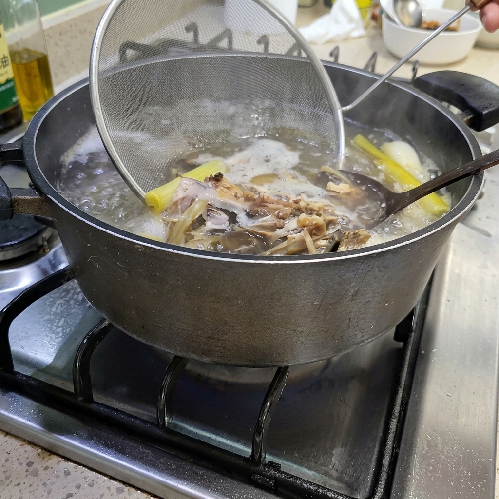Ein Drahtsieb entfernt feste Aromaten und einen Fischkopf aus einem großen Topf mit kochender Brühe.